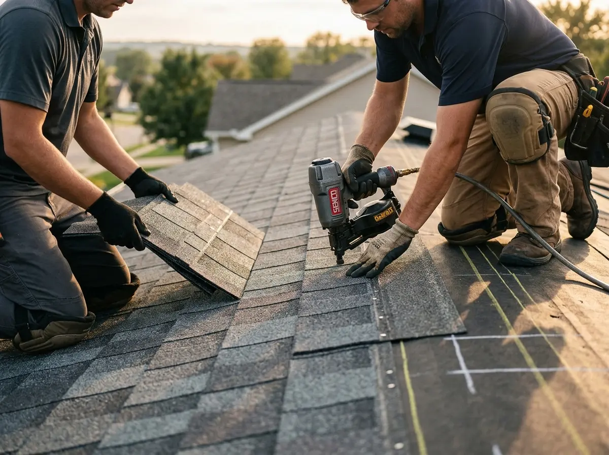 Professional roofer working on a residential roof in Chadron